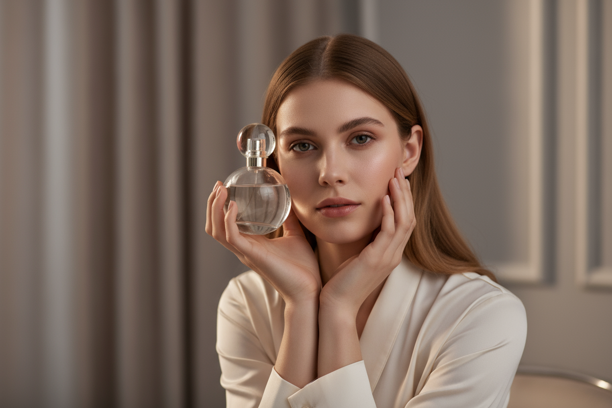 Fammi un immagine elegante e di alta qualità di un profumo con bottiglia di vetro rotonda in mano ad una ragazza mentre lo tiene vicino al viso.