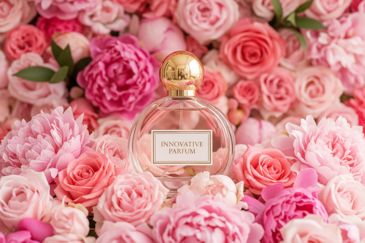 Fammi un immagine elegante e di alta qualità di un profumo con bottiglia di vetro rotonda in mezzo a dei fiori rosa, lo sfondo deve essere tutto di fiori. L'etichetta della bottiglia deve esserci scritto "Innovative Parfum".